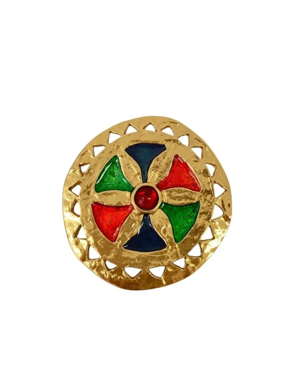 Saint Laurent Vintage Circle Color Stone Pendant Brooch Gold Plated Colored